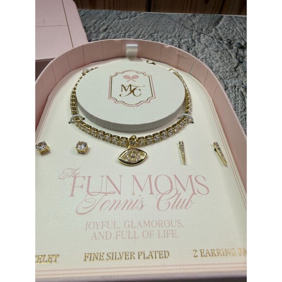 NIB The Fun Moms Tennis Club Evil Eye Bracelet 2 Earrings Set Silver Plated - Picture 3 of 9